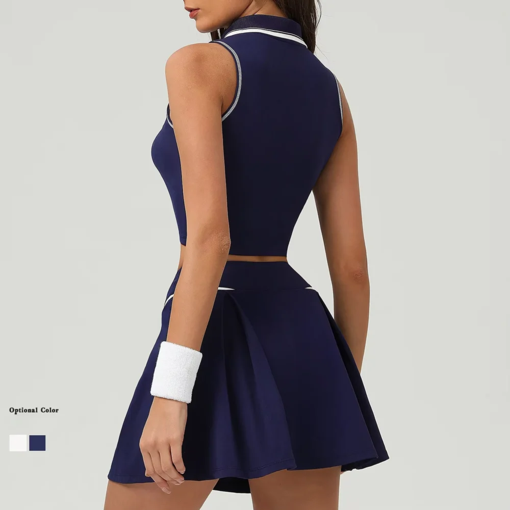 V-Neck Cropped Golf Top and Pocketed Pleated Skort Set