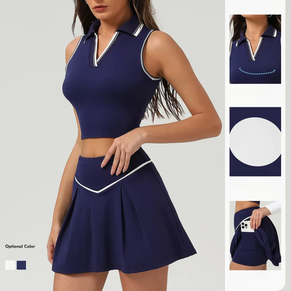 V-Neck Cropped Golf Top and Pocketed Pleated Skort Set