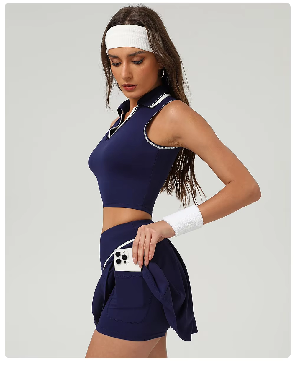 V-Neck Cropped Golf Top and Pocketed Pleated Skort Set