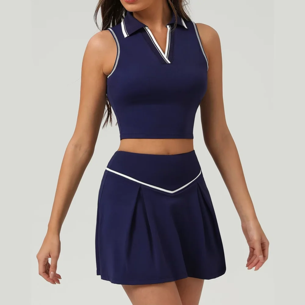 V-Neck Cropped Golf Top and Pocketed Pleated Skort Set