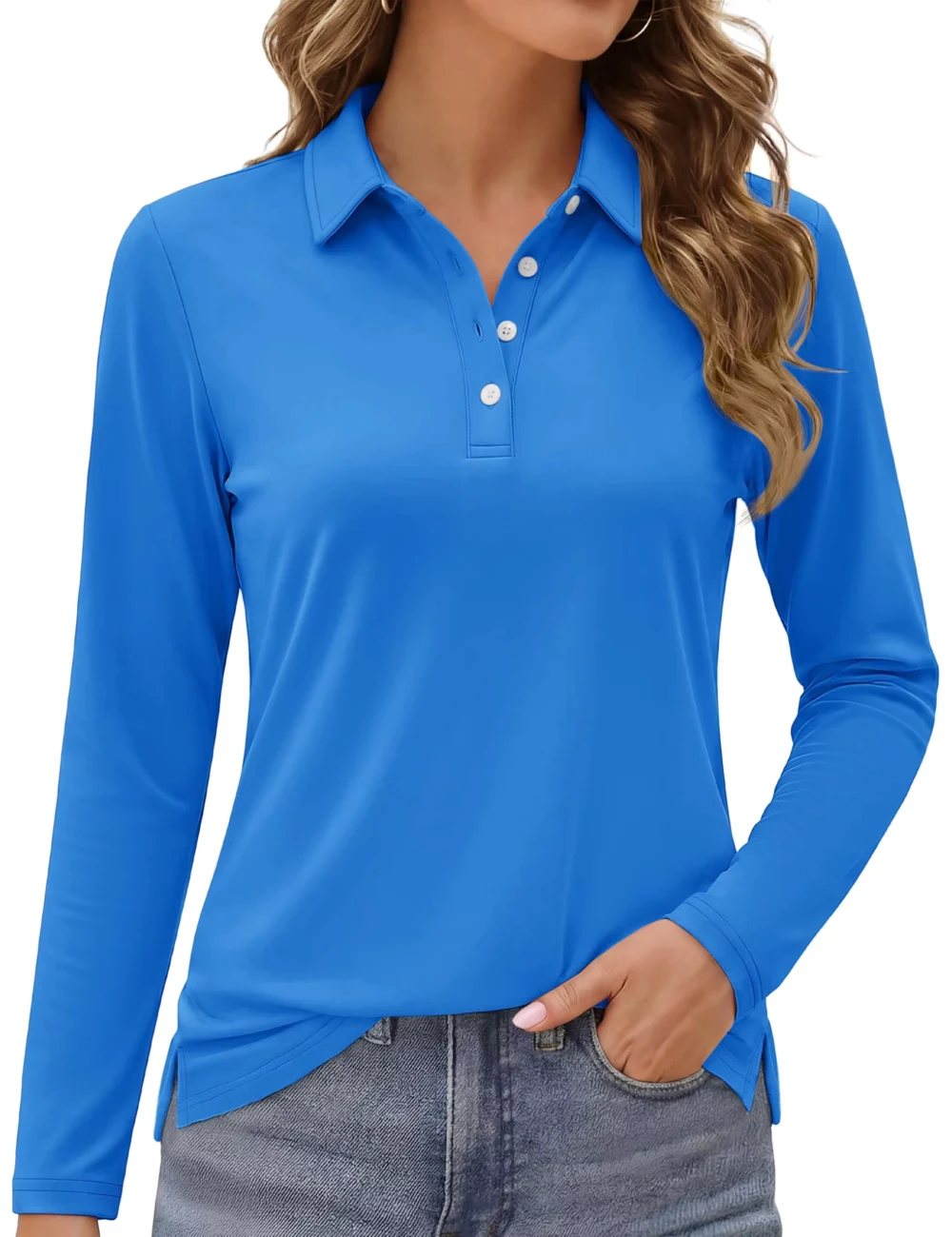 UPF 50+ Quick-Dry Long-Sleeve Golf Polo with Side Slits
