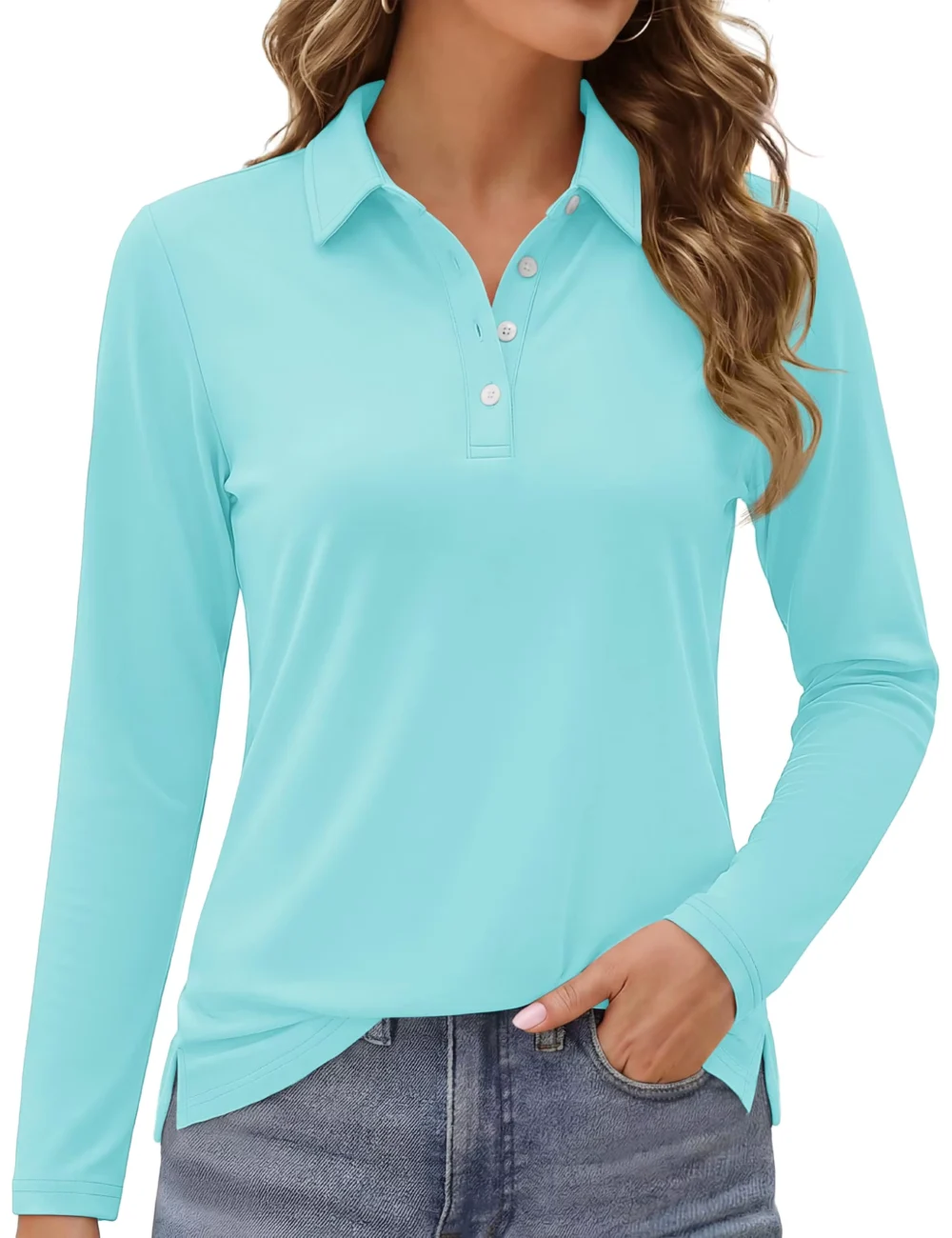 UPF 50+ Quick-Dry Long-Sleeve Golf Polo with Side Slits