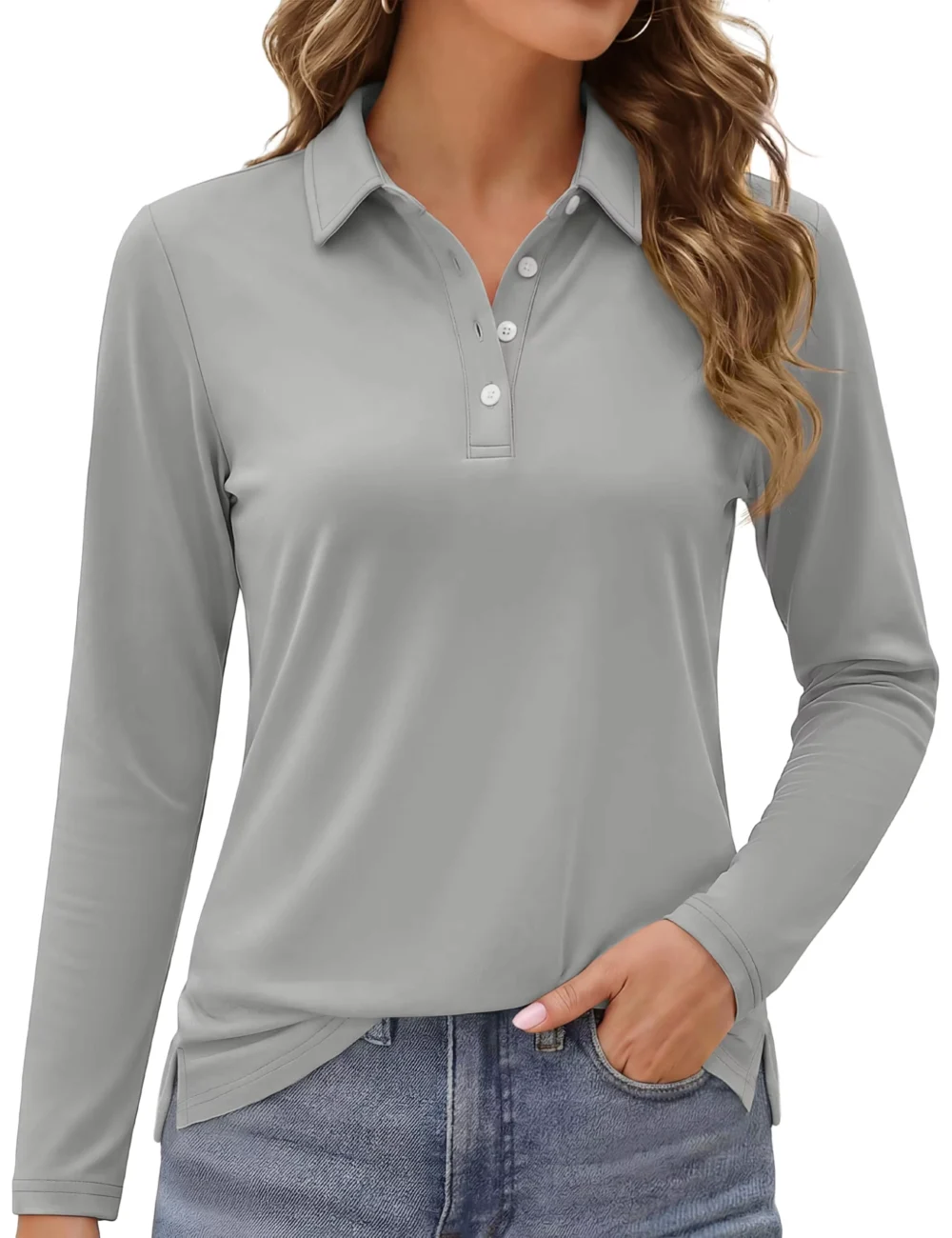 UPF 50+ Quick-Dry Long-Sleeve Golf Polo with Side Slits