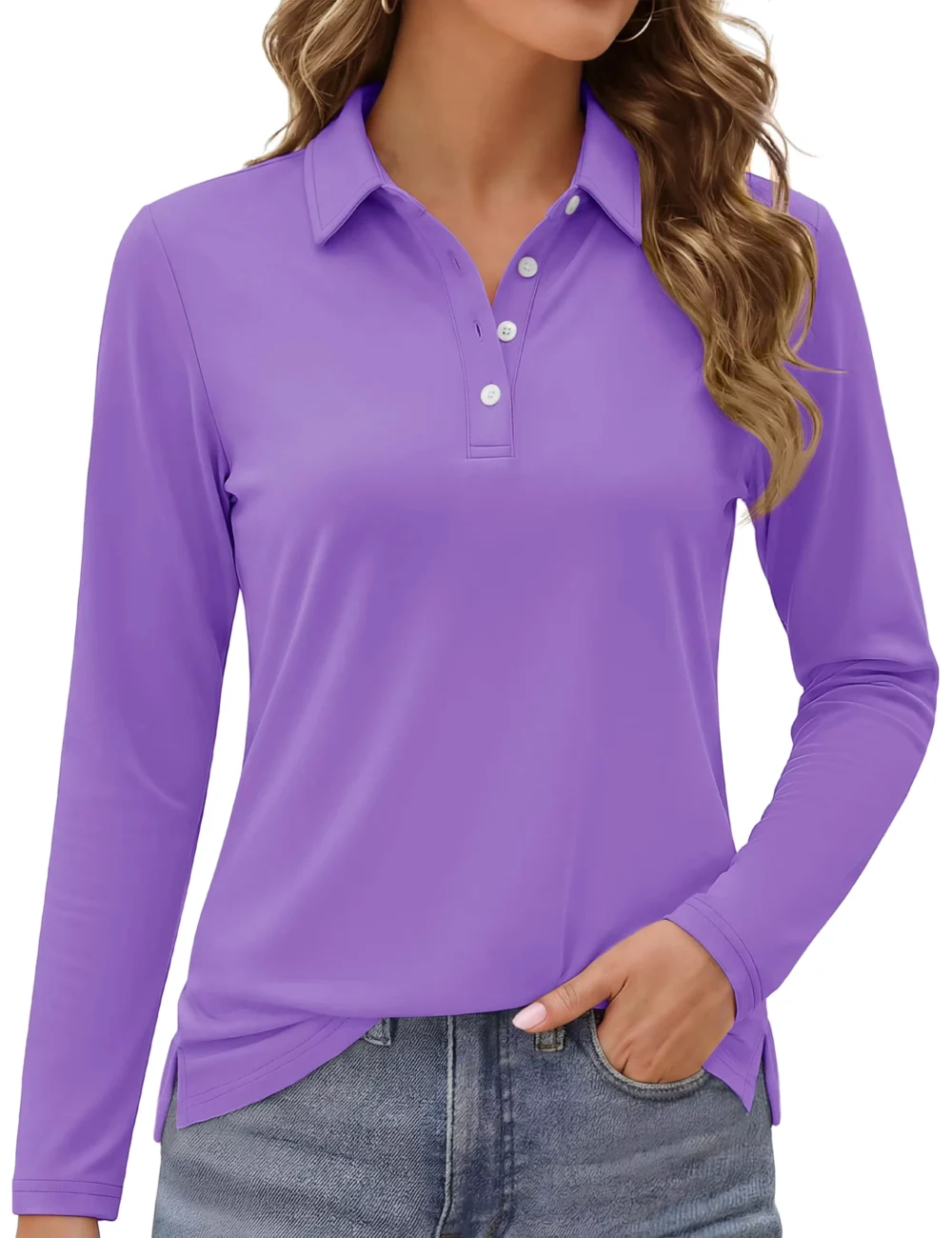 UPF 50+ Quick-Dry Long-Sleeve Golf Polo with Side Slits
