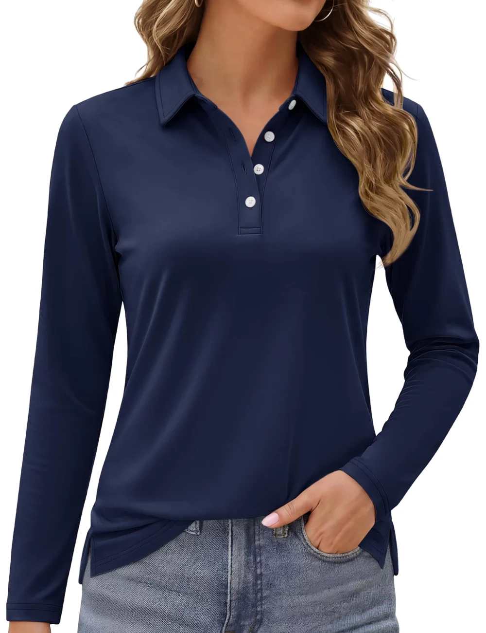 UPF 50+ Quick-Dry Long-Sleeve Golf Polo with Side Slits