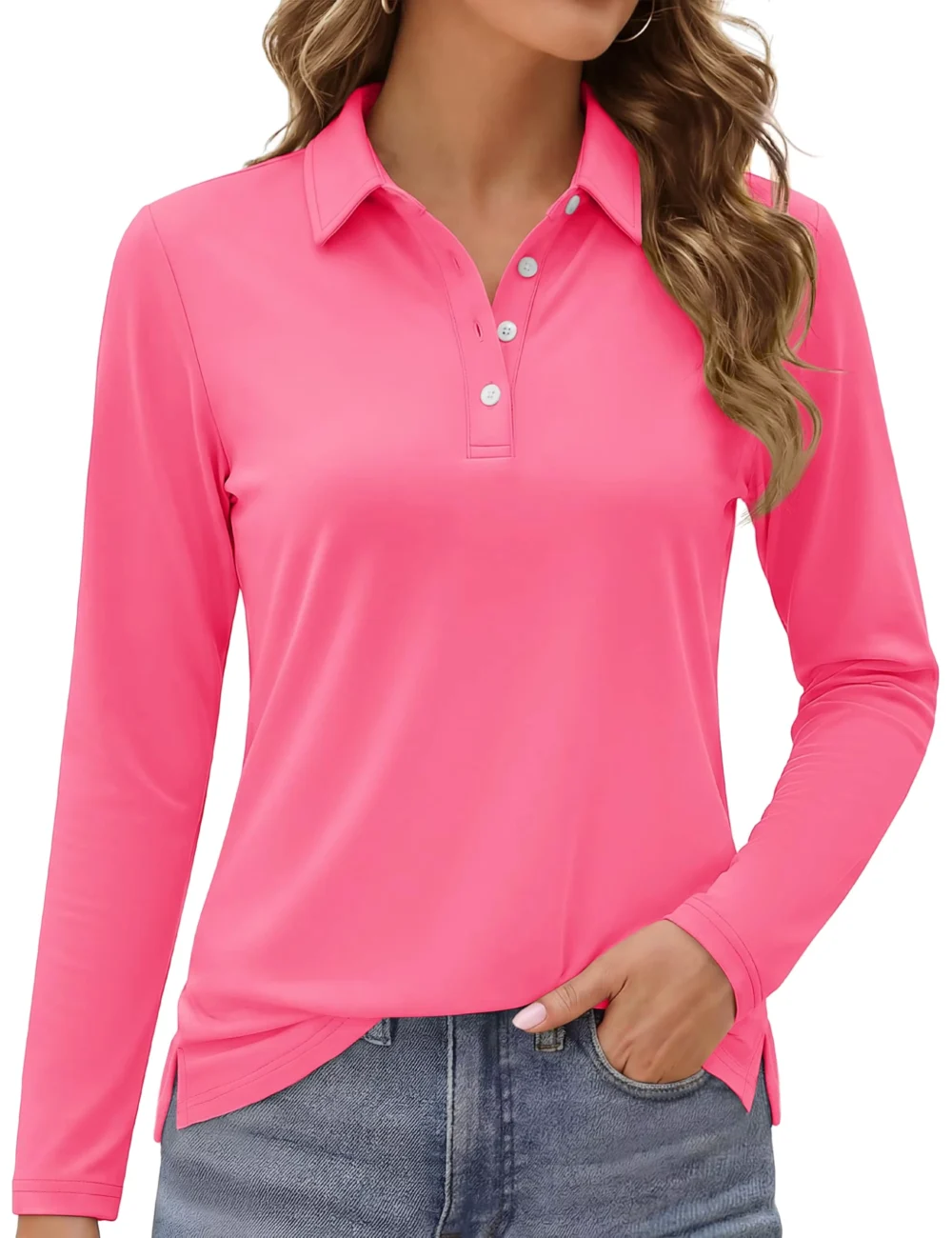 UPF 50+ Quick-Dry Long-Sleeve Golf Polo with Side Slits