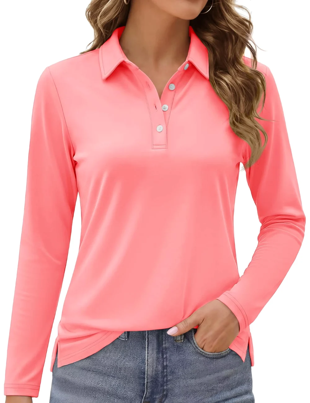UPF 50+ Quick-Dry Long-Sleeve Golf Polo with Side Slits
