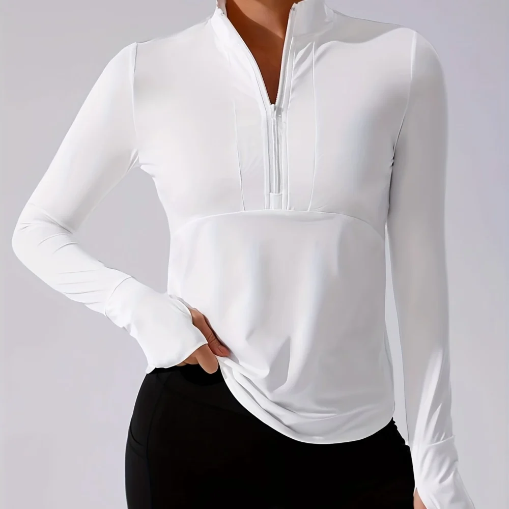 Solid Half-Zip Long-Sleeve Golf Top with Thumb Holes