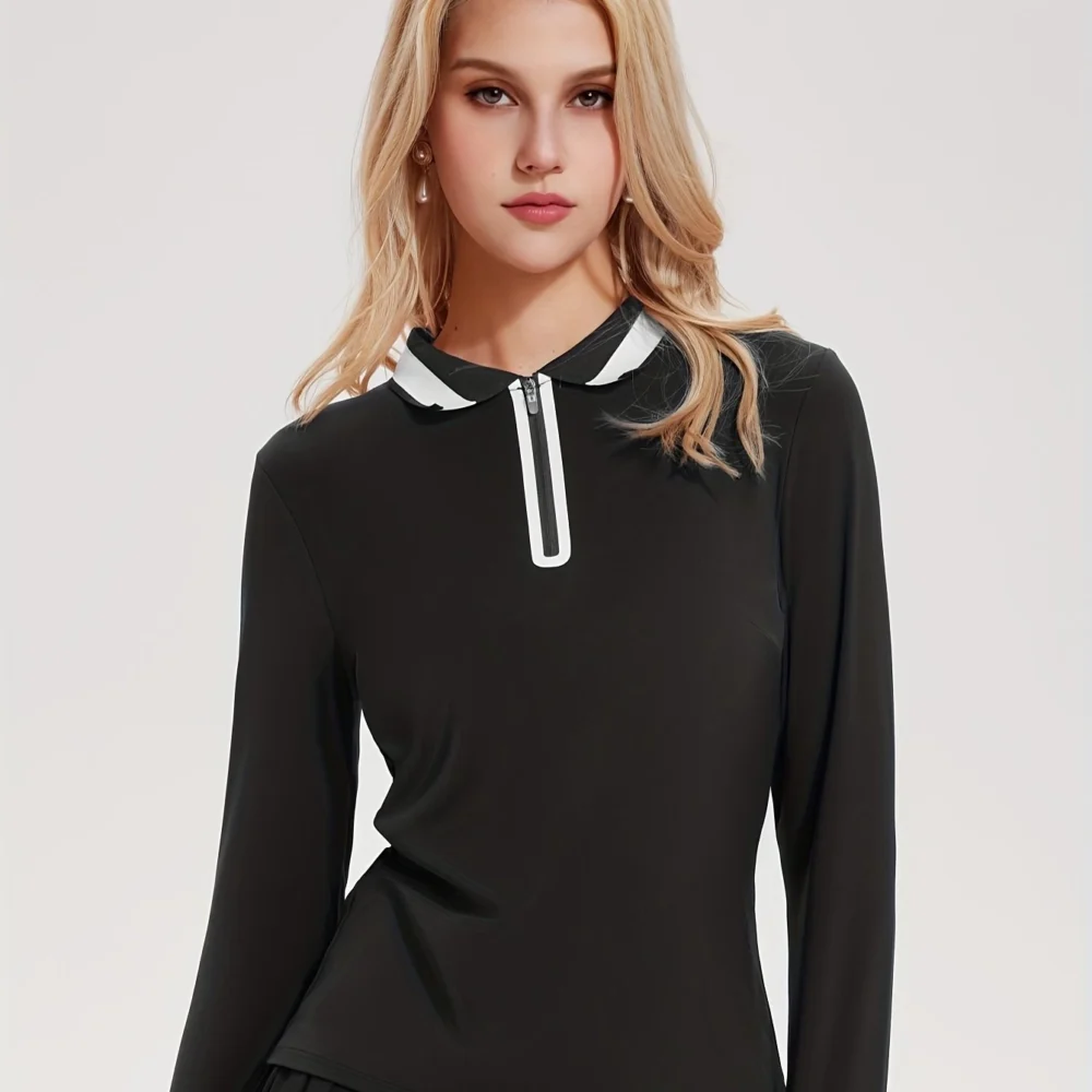 Color-Block Full-Zip Long-Sleeve Golf Top with High-Stretch Fabric