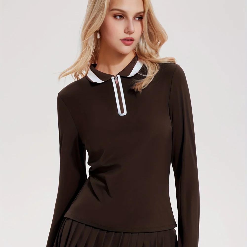 Color-Block Full-Zip Long-Sleeve Golf Top with High-Stretch Fabric