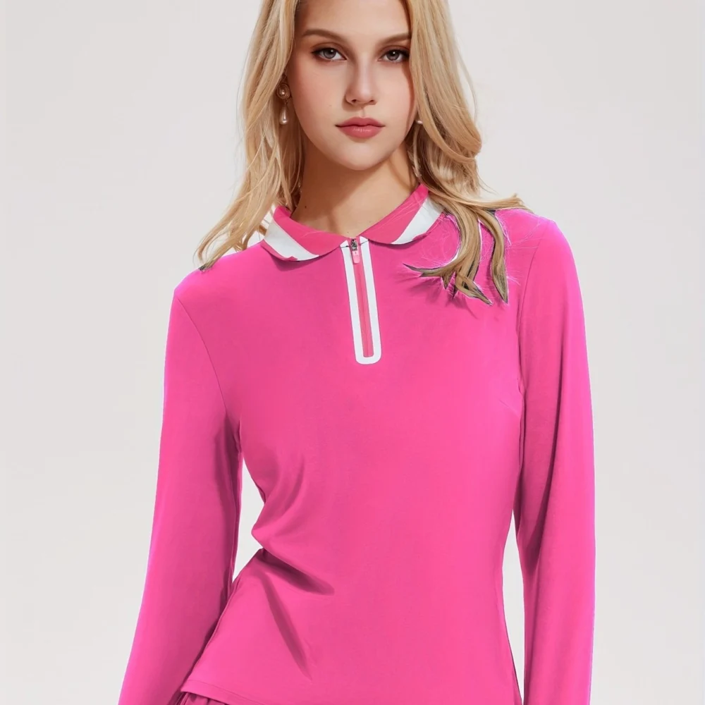Color-Block Full-Zip Long-Sleeve Golf Top with High-Stretch Fabric