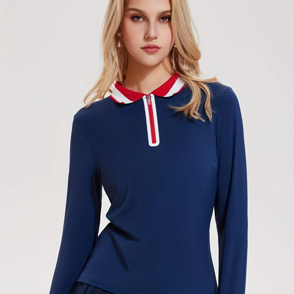 Color-Block Full-Zip Long-Sleeve Golf Top with High-Stretch Fabric