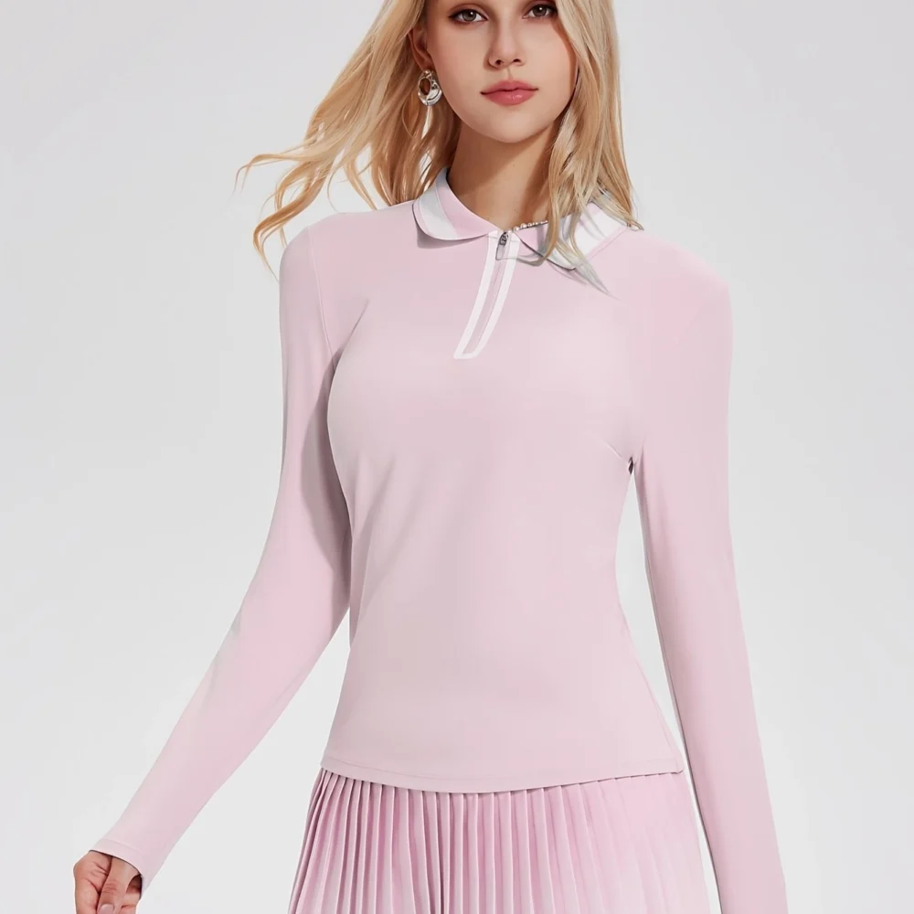 Color-Block Full-Zip Long-Sleeve Golf Top with High-Stretch Fabric