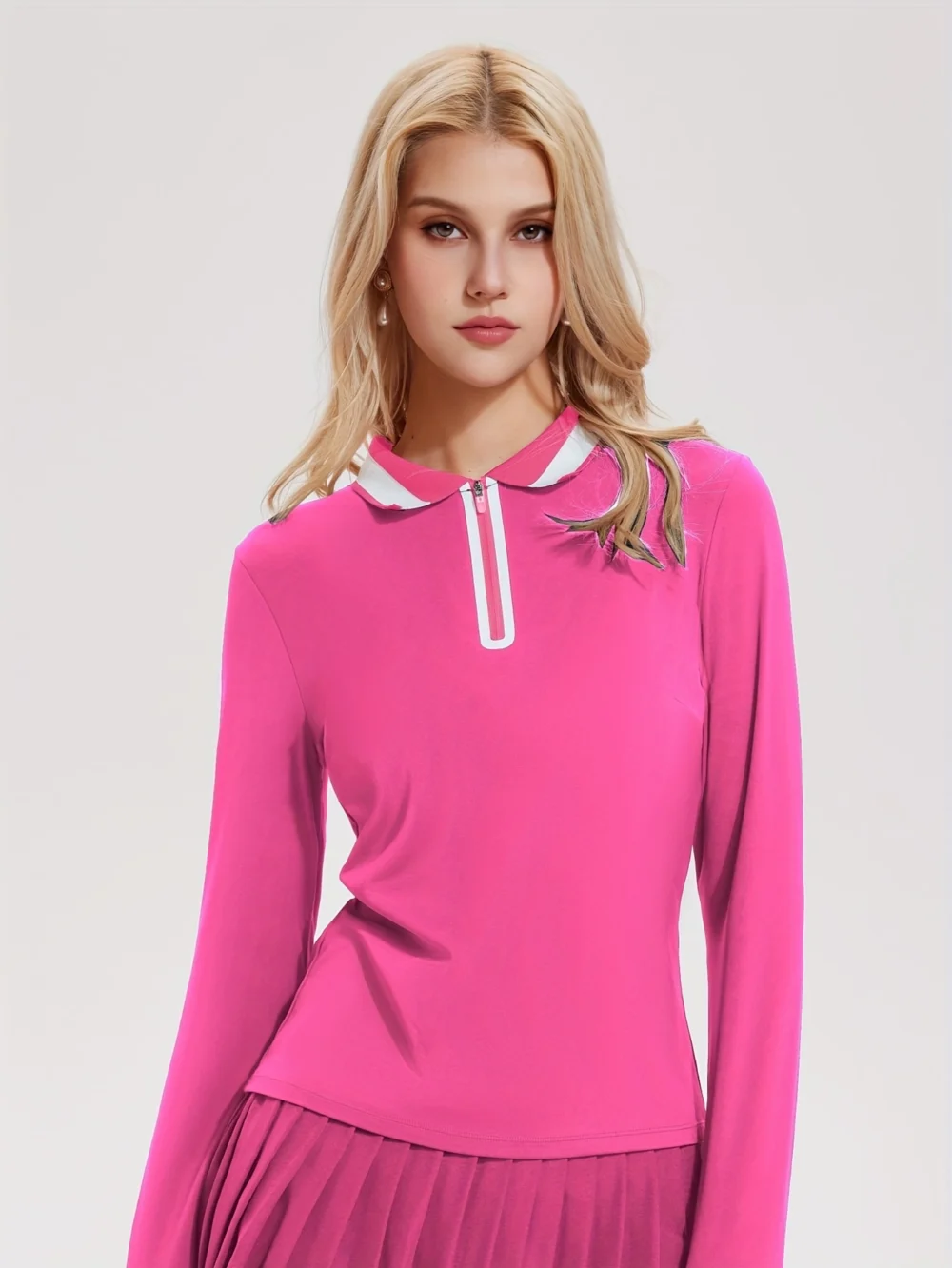 Color-Block Full-Zip Long-Sleeve Golf Top with High-Stretch Fabric