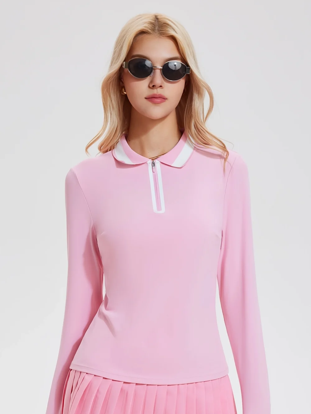 Color-Block Full-Zip Long-Sleeve Golf Top with High-Stretch Fabric