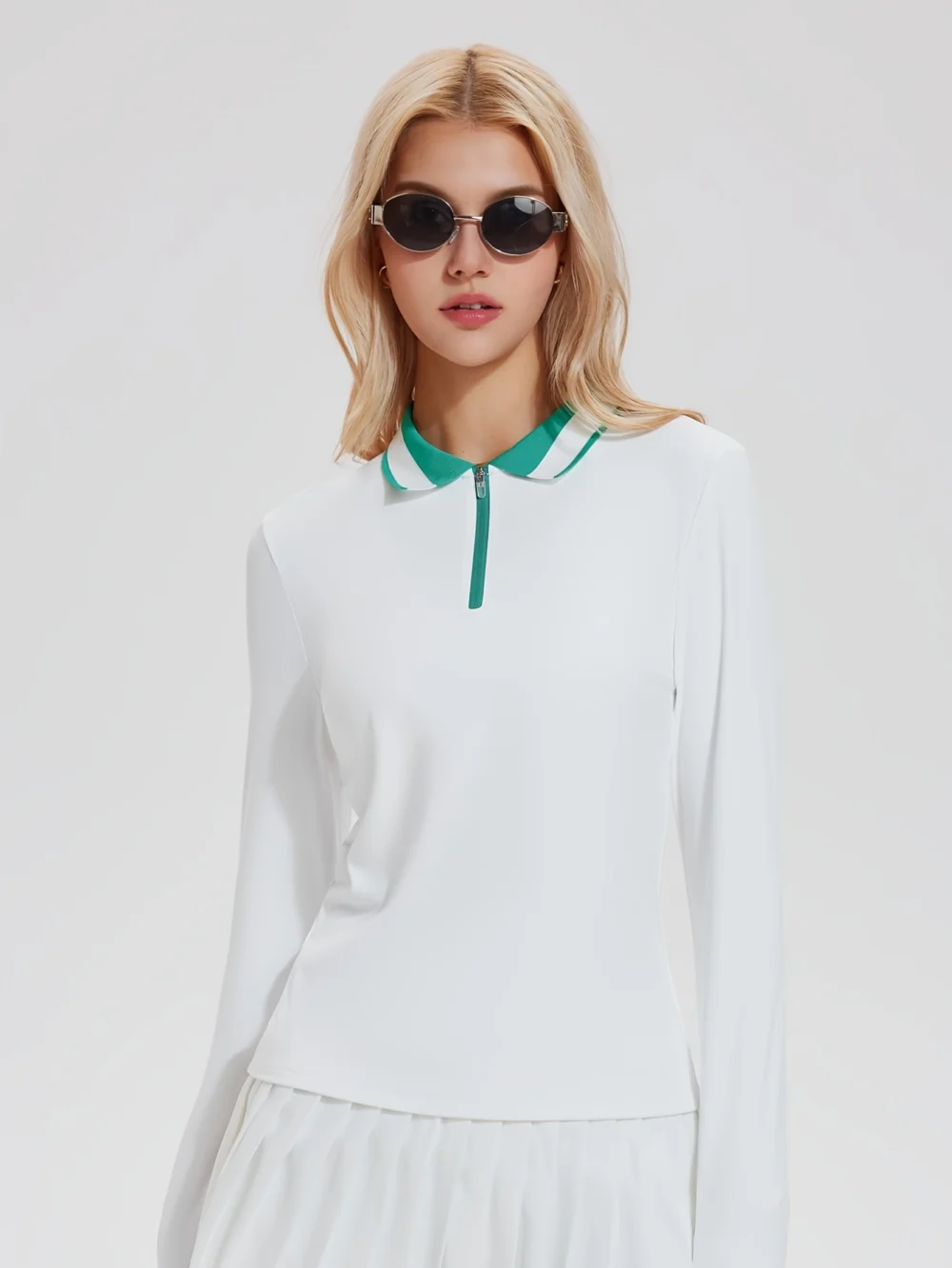 Color-Block Full-Zip Long-Sleeve Golf Top with High-Stretch Fabric