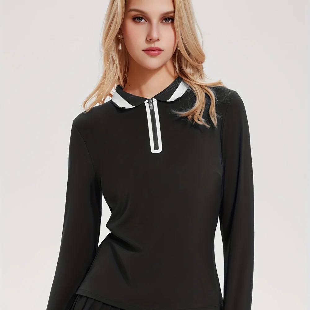 Color-Block Full-Zip Long-Sleeve Golf Top with High-Stretch Fabric