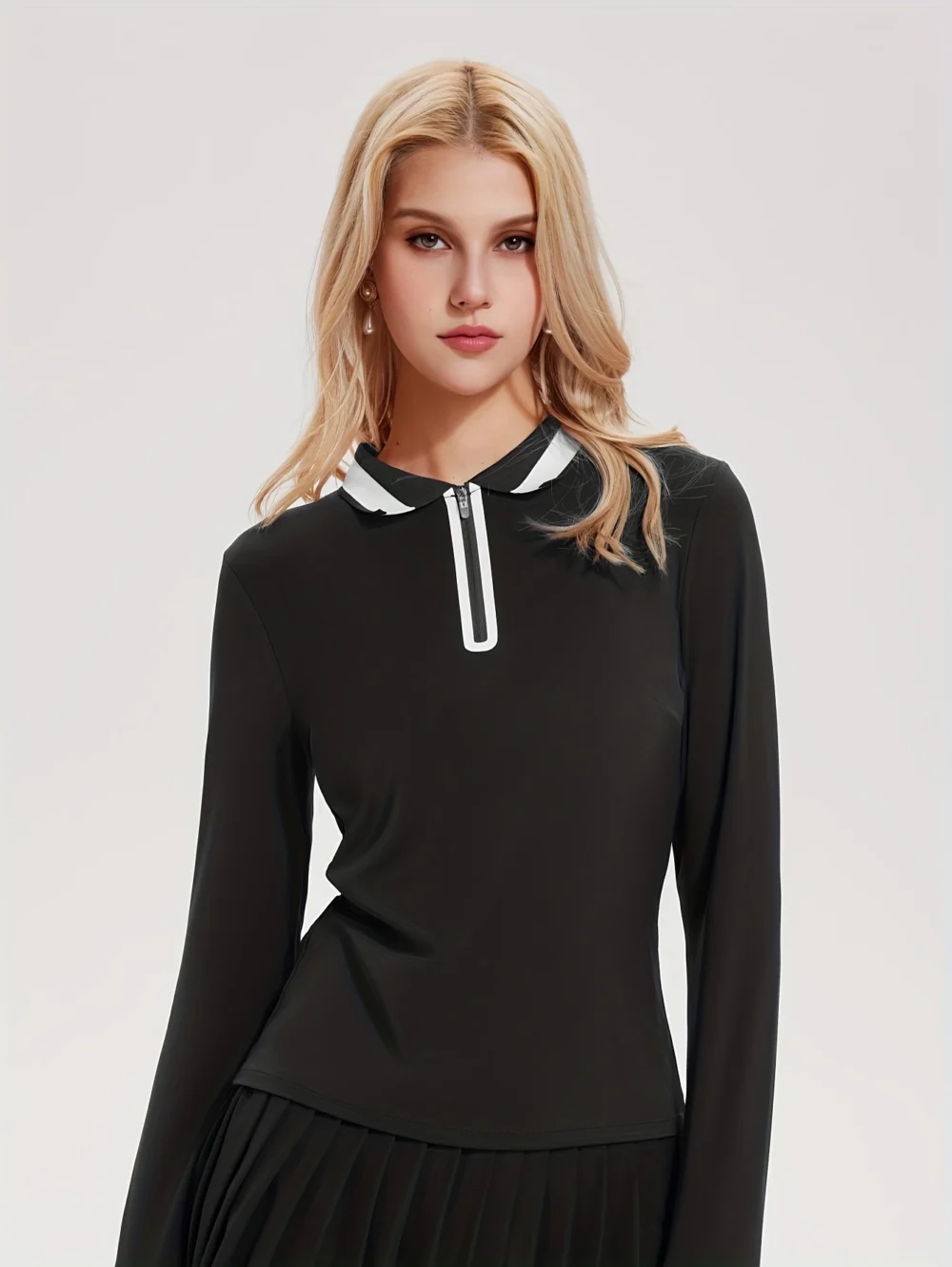 Color-Block Full-Zip Long-Sleeve Golf Top with High-Stretch Fabric