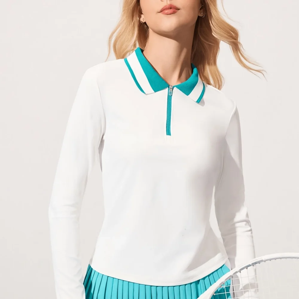 Dark Green and White Half-Zip Long-Sleeve Golf Top