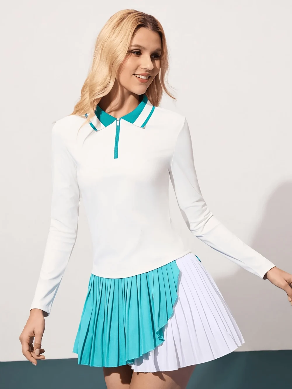 Dark Green and White Half-Zip Long-Sleeve Golf Top