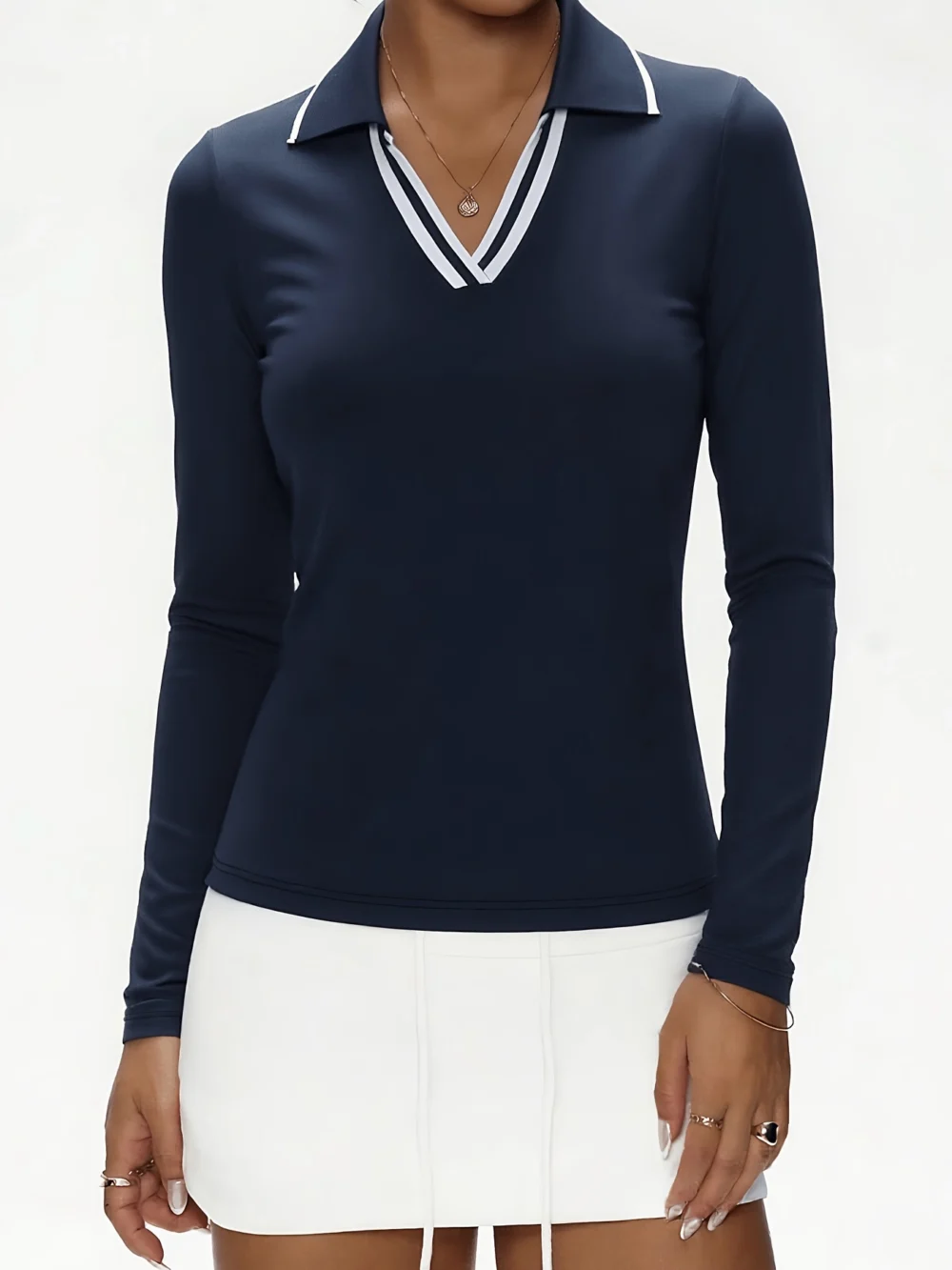 Breathable Navy Long-Sleeve Golf Polo in Stretch Knit Fabric