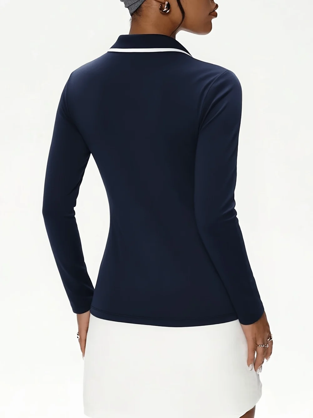 Breathable Navy Long-Sleeve Golf Polo in Stretch Knit Fabric