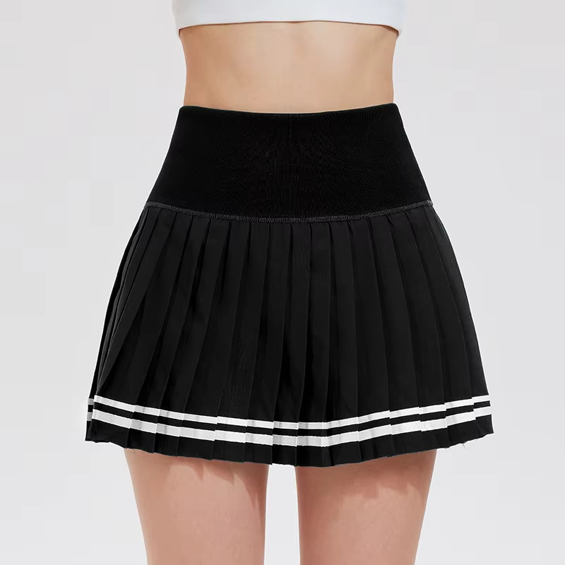 Striped-Hem Quick-Dry Pleated Golf Skort with Compression Shorts
