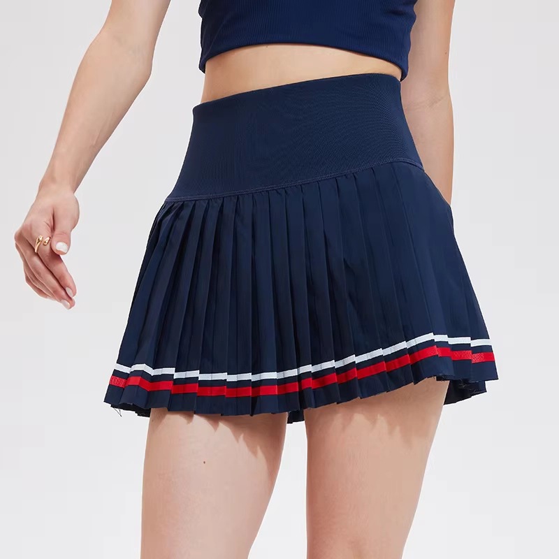 Striped-Hem Quick-Dry Pleated Golf Skort with Compression Shorts