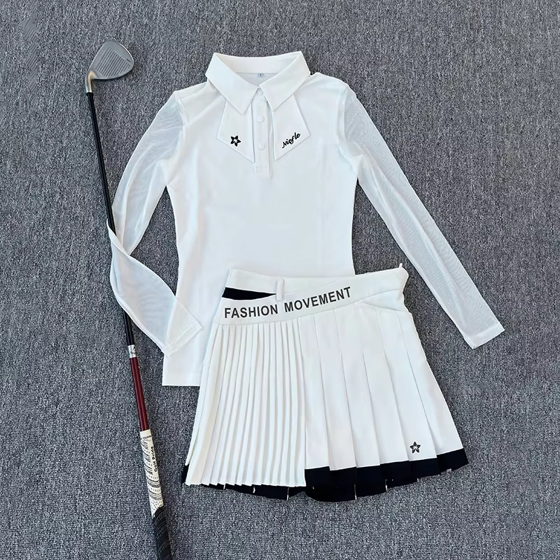 Mesh-Sleeve Long-Sleeve Golf Polo and Pleated Skort