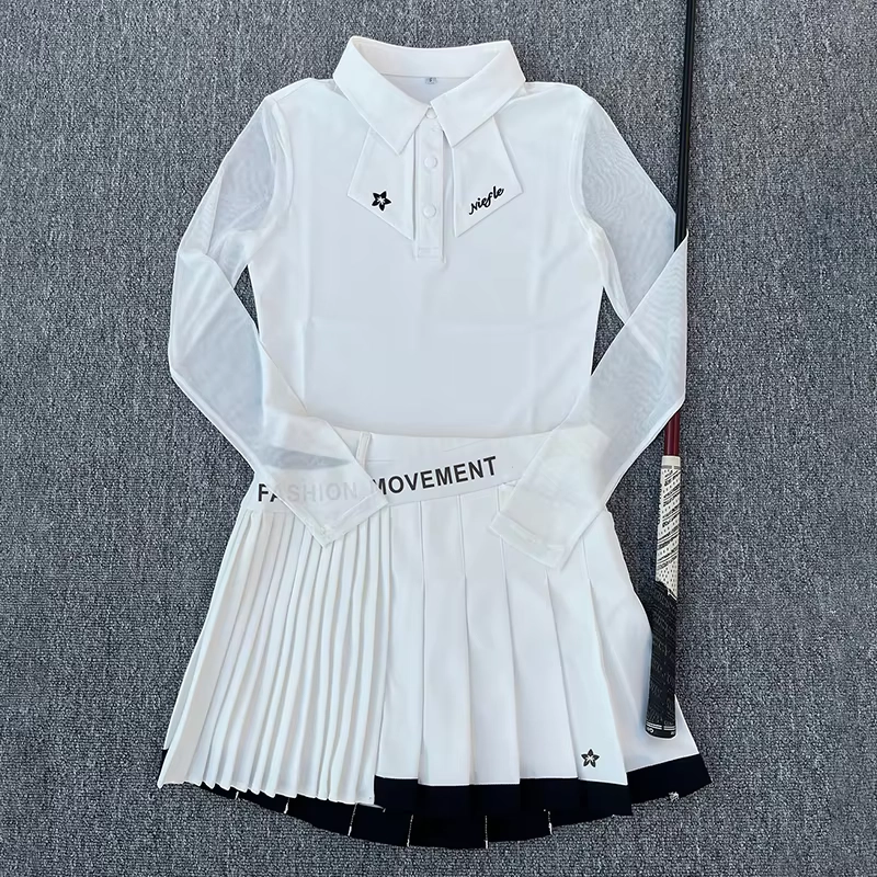 Mesh-Sleeve Long-Sleeve Golf Polo and Pleated Skort