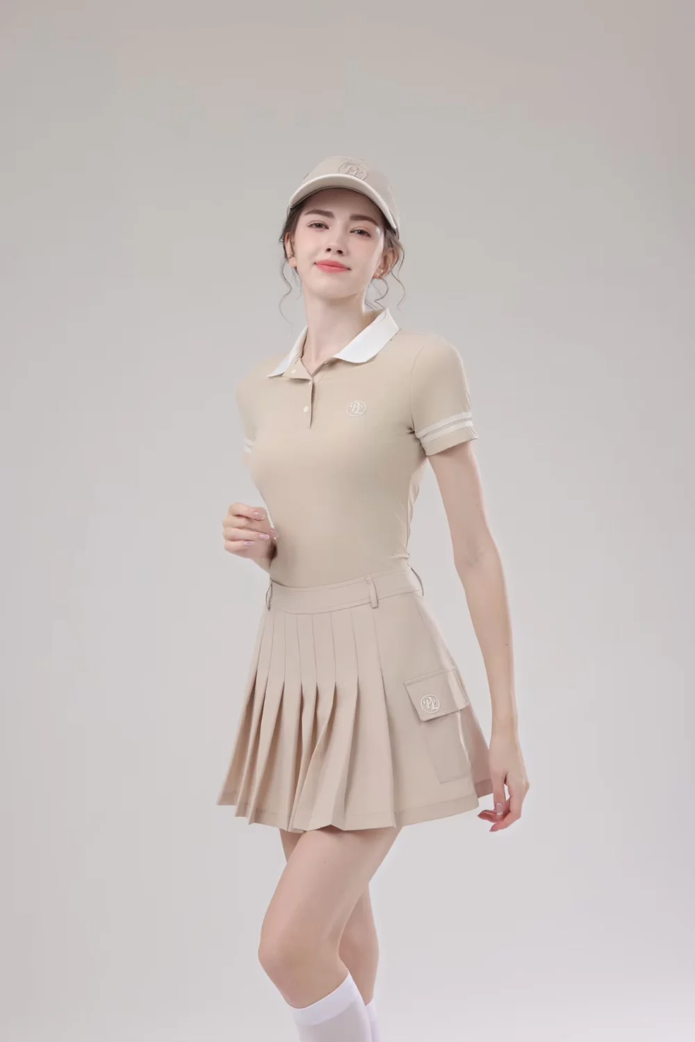 Contrast-Trim Short-Sleeve Golf Polo and Flared Skirt