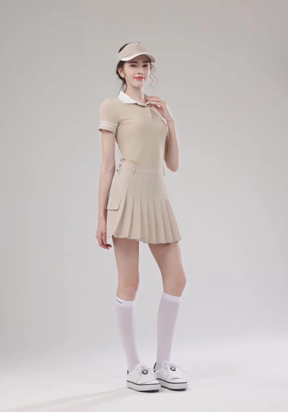 Contrast-Trim Short-Sleeve Golf Polo and Flared Skirt