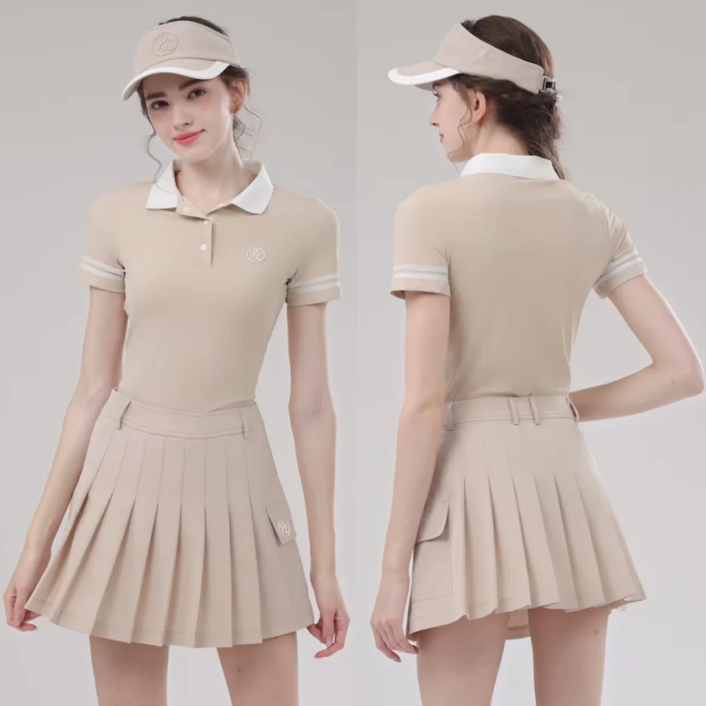 Contrast-Trim Short-Sleeve Golf Polo and Flared Skirt