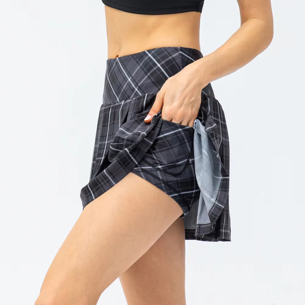 Four-Way Stretch Plaid Pleated Golf Skort with Dual Side Pockets