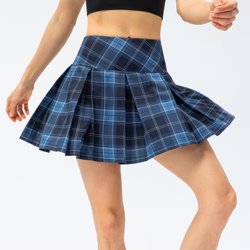 Four-Way Stretch Plaid Pleated Golf Skort with Dual Side Pockets
