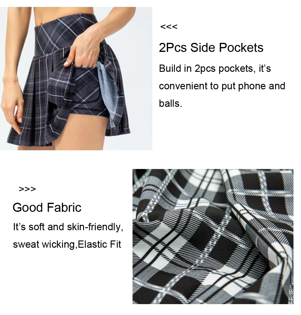 Four-Way Stretch Plaid Pleated Golf Skort with Dual Side Pockets