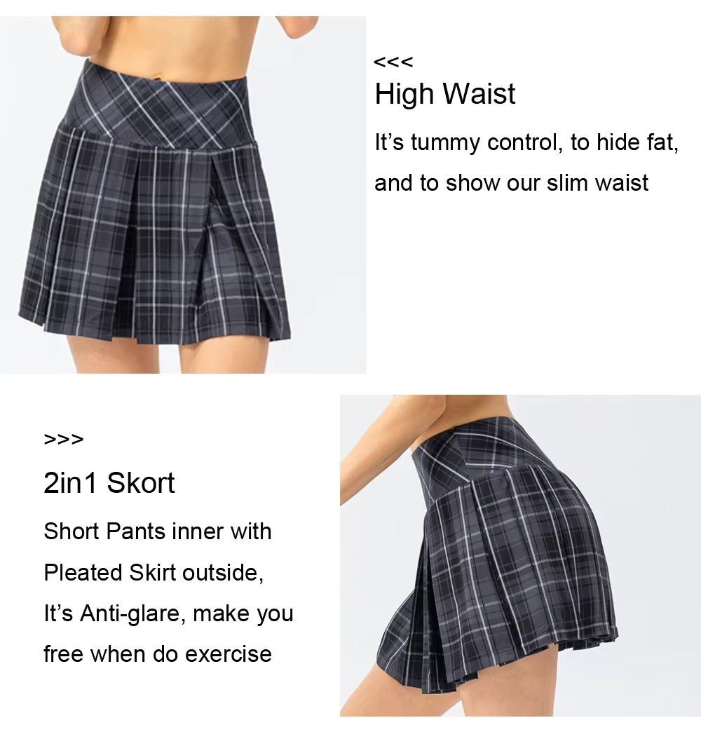 Four-Way Stretch Plaid Pleated Golf Skort with Dual Side Pockets
