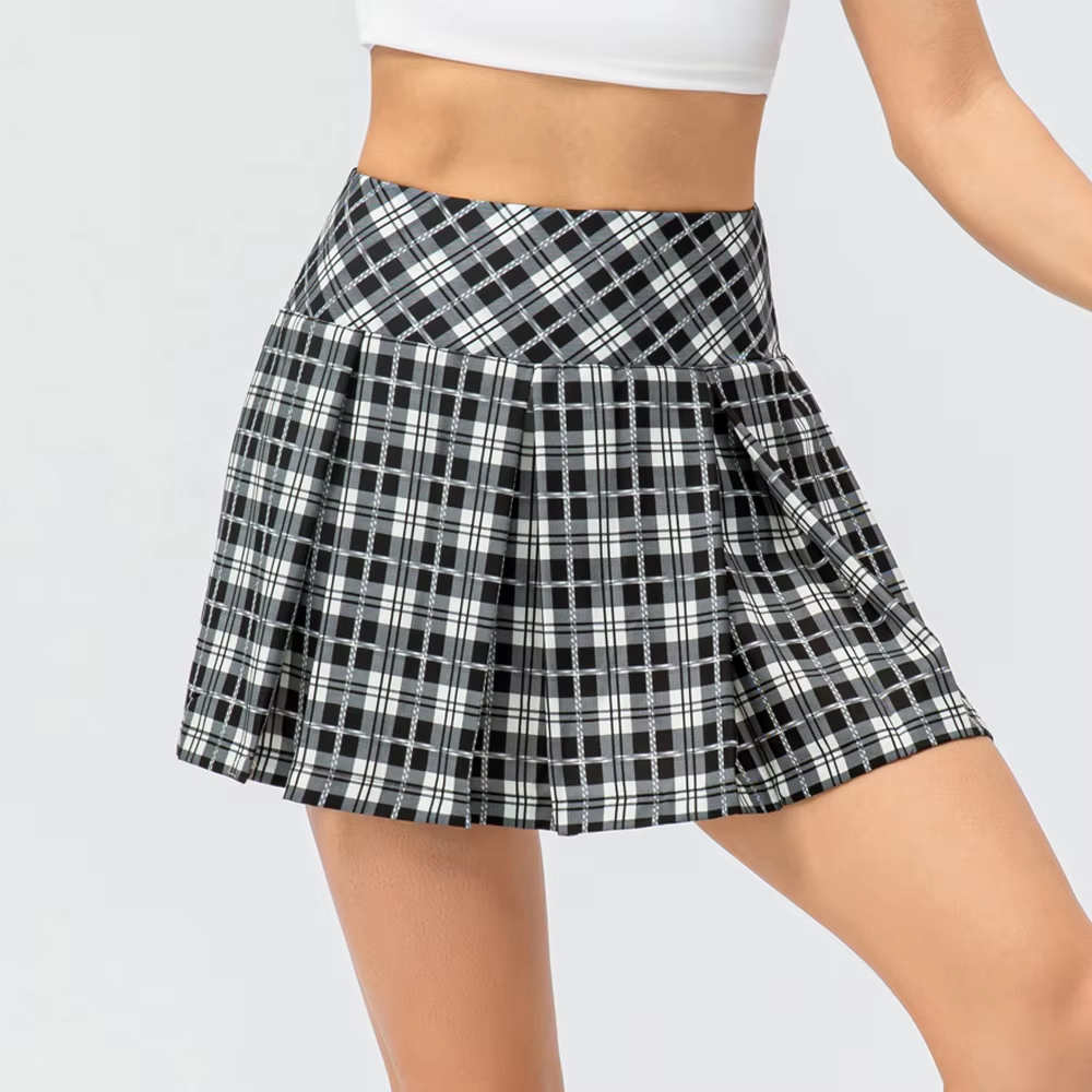 Four-Way Stretch Plaid Pleated Golf Skort with Dual Side Pockets