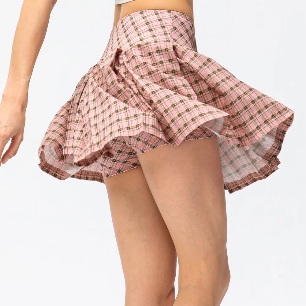 Four-Way Stretch Plaid Pleated Golf Skort with Dual Side Pockets