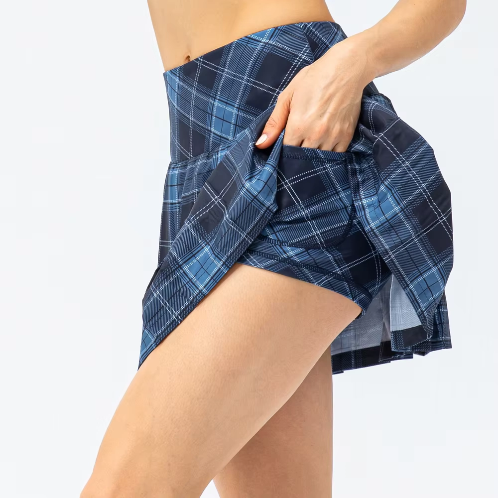 Four-Way Stretch Plaid Pleated Golf Skort with Dual Side Pockets