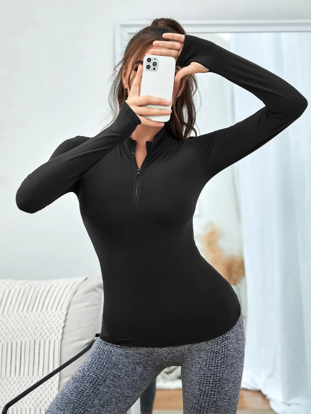 Fitted Black Half-Zip Golf Top in Stretch Knit Fabric
