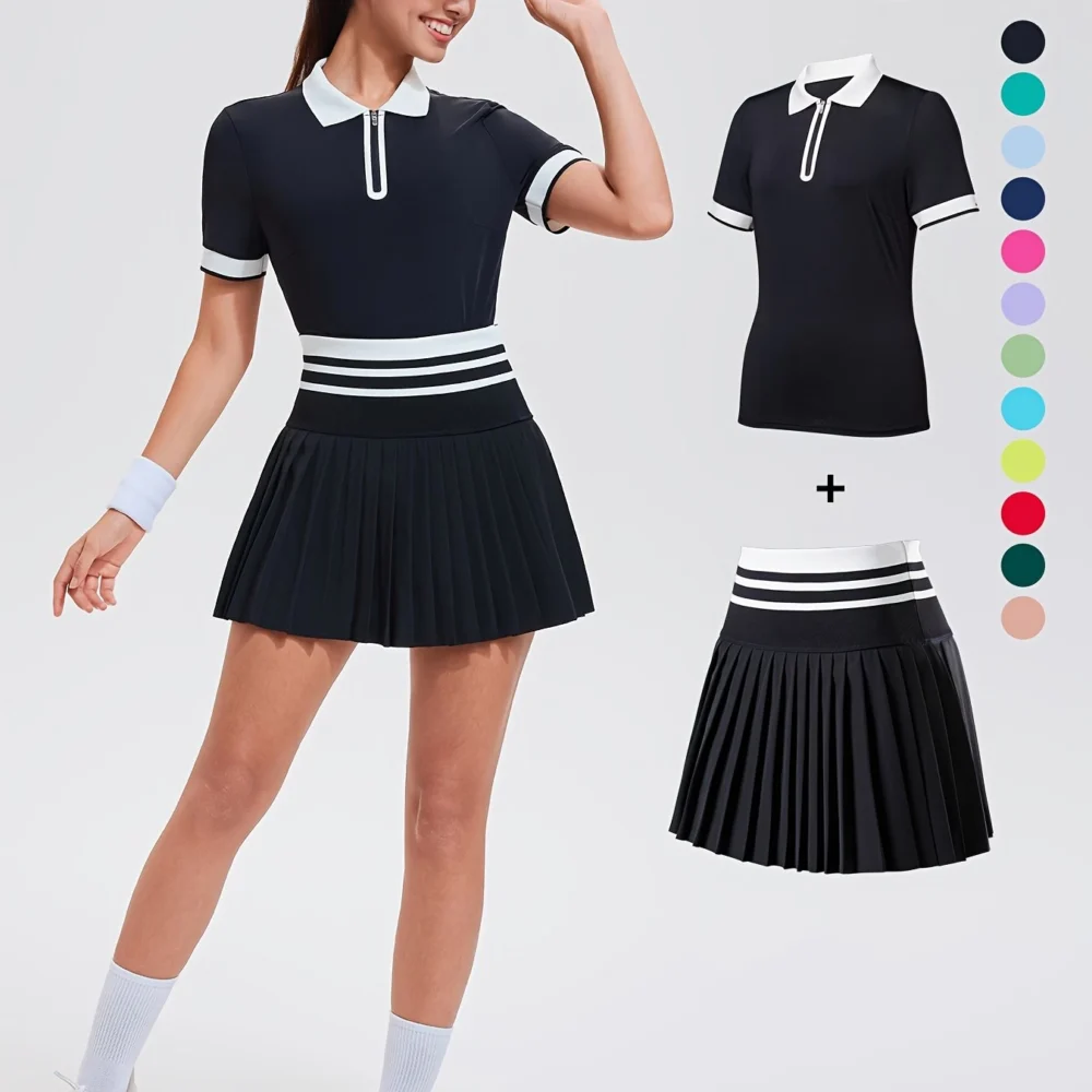 Striped Quarter-Zip Golf Polo and Pocketed Pleated Skort Set