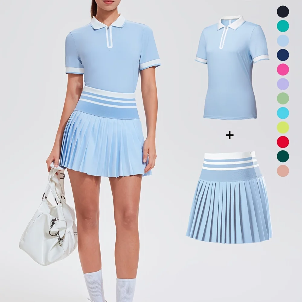 Striped Quarter-Zip Golf Polo and Pocketed Pleated Skort Set