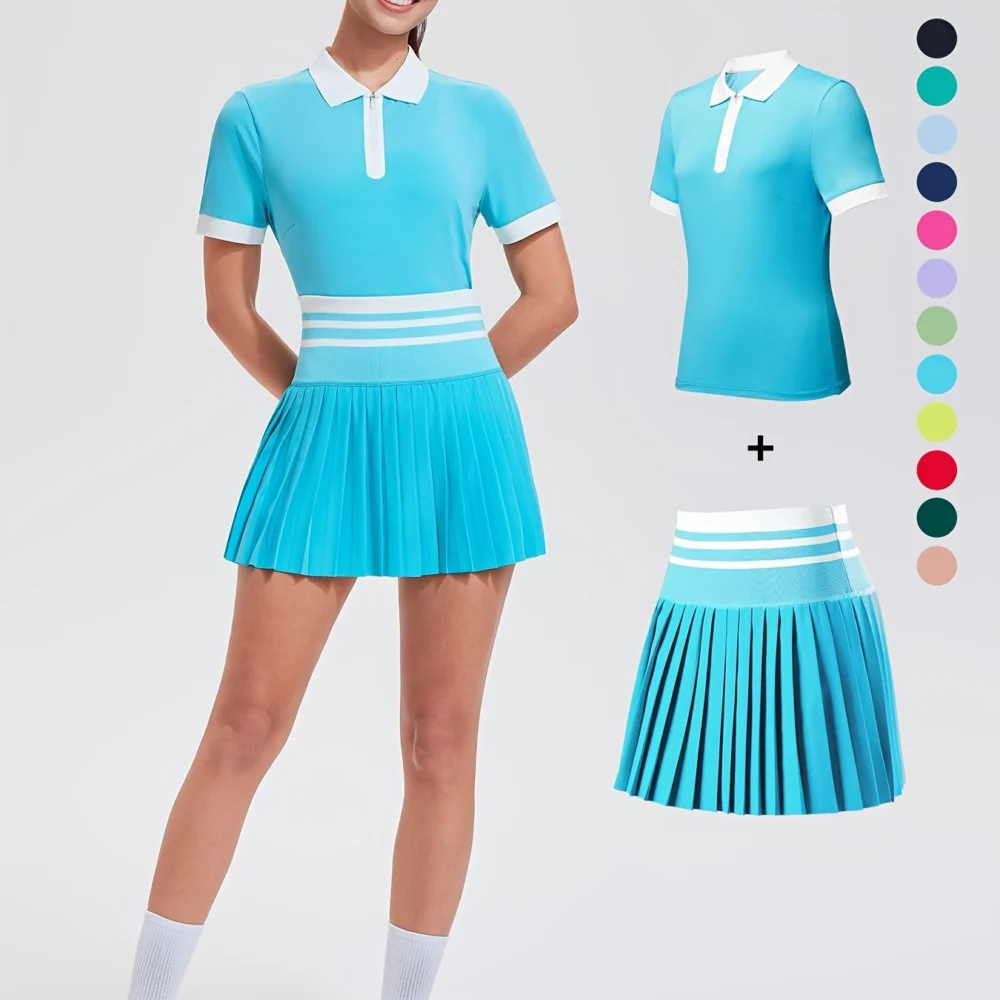 Striped Quarter-Zip Golf Polo and Pocketed Pleated Skort Set