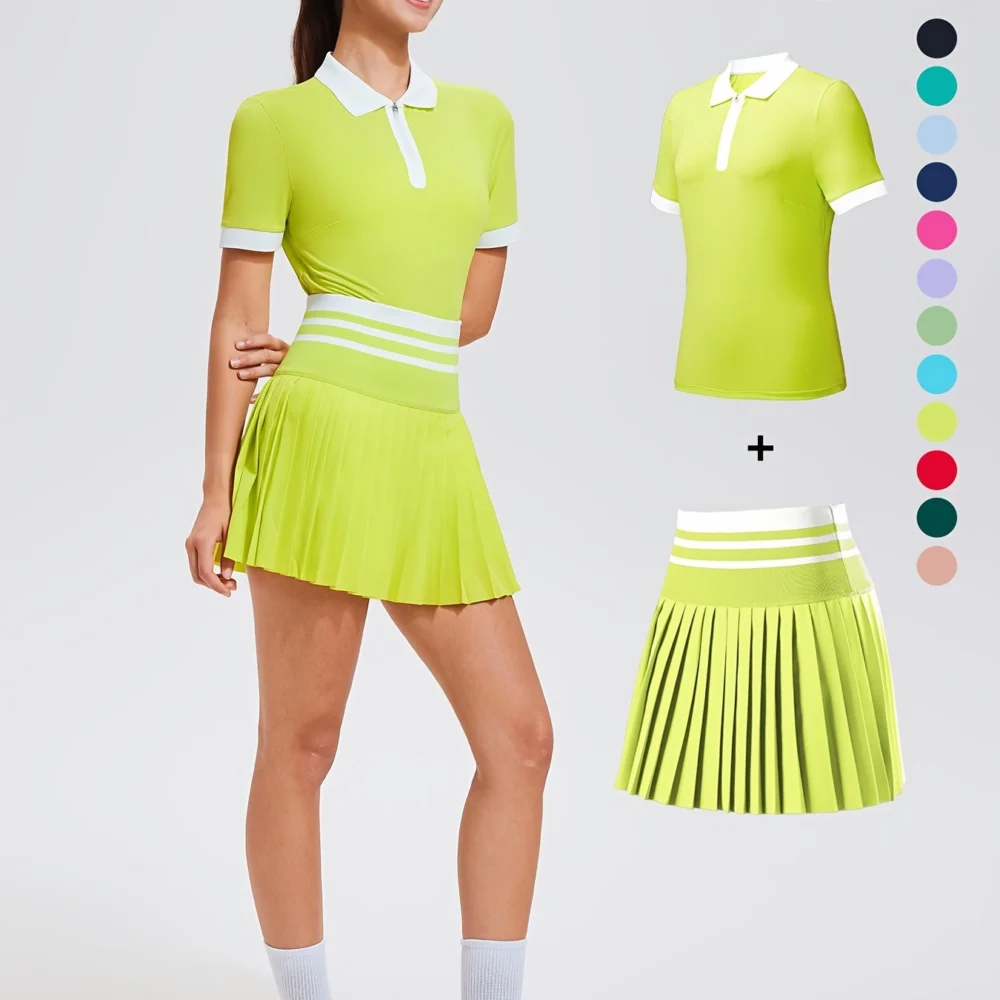 Striped Quarter-Zip Golf Polo and Pocketed Pleated Skort Set