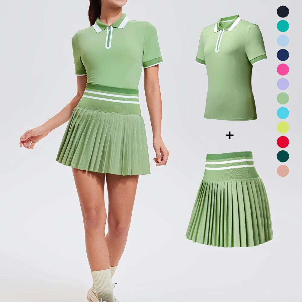 Striped Quarter-Zip Golf Polo and Pocketed Pleated Skort Set