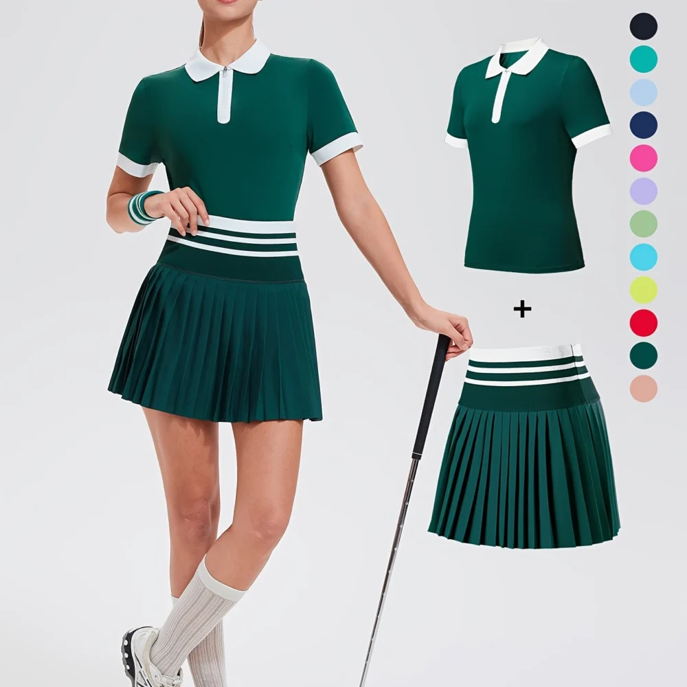 Striped Quarter-Zip Golf Polo and Pocketed Pleated Skort Set