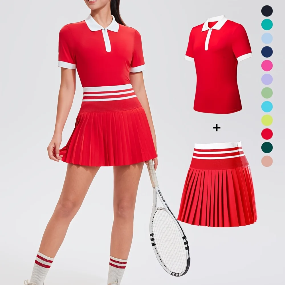 Striped Quarter-Zip Golf Polo and Pocketed Pleated Skort Set