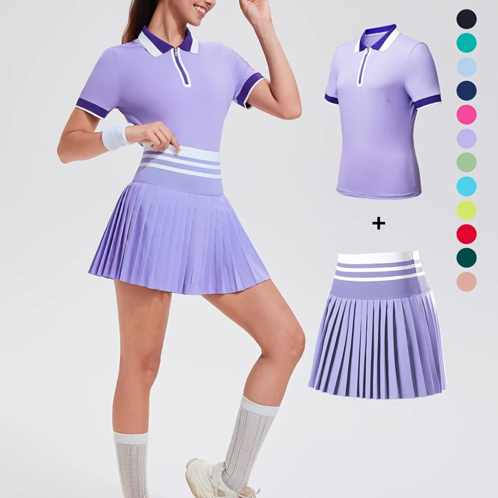 Striped Quarter-Zip Golf Polo and Pocketed Pleated Skort Set
