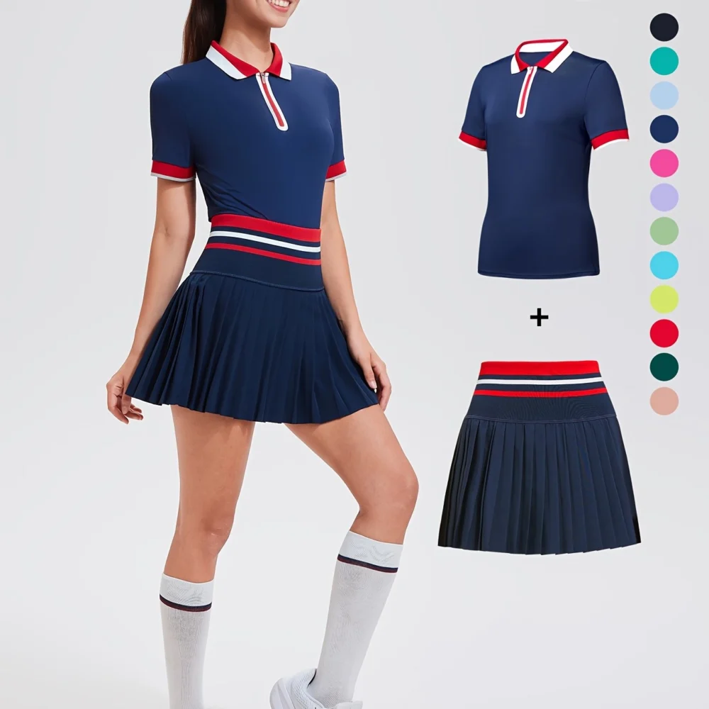 Striped Quarter-Zip Golf Polo and Pocketed Pleated Skort Set